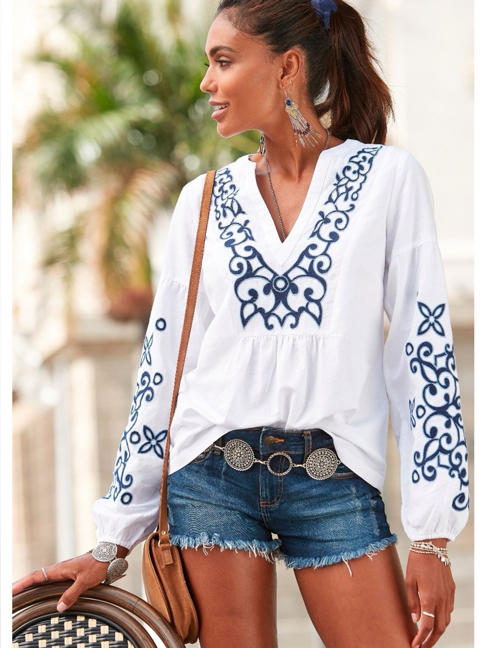 NEW Lascana Embroidered Cotton Linen Blend Long Sleeve Flowy Top Size 6